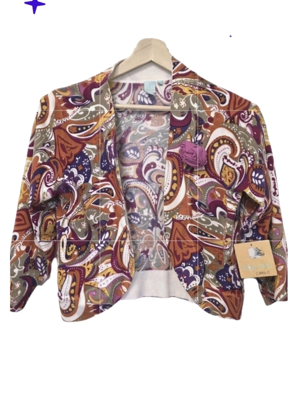 Womens Cardigan Colorful Paisley Crop Open Front Size Large Orange Pink Tan NEW